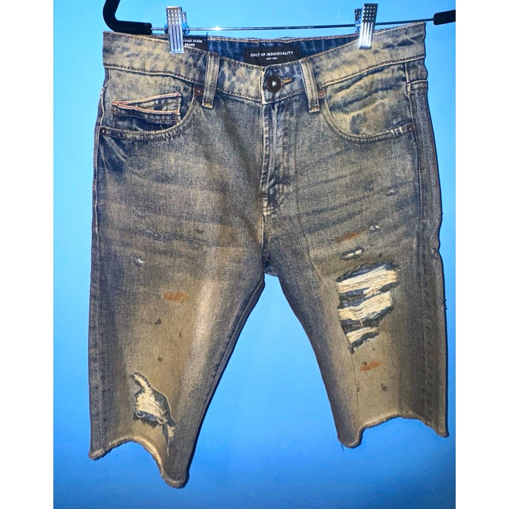 Cult of Individuality Mens Gray Acid Wash Distressed Denim Shorts 30 6214A-SR07G